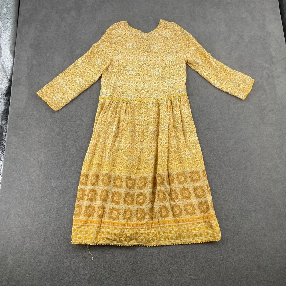 Zara A Line Dress Girls 13/14 Yellow Floral Boho Lace Trim Casual Long Sleeve